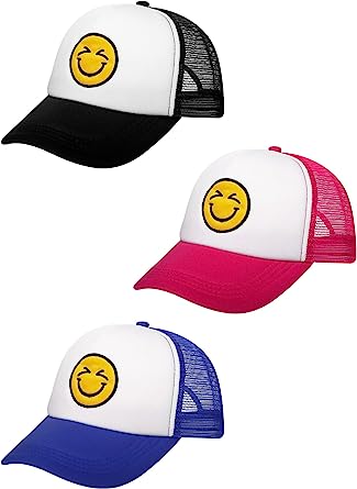Photo 1 of 3 Pieces Smile Face Baseball Hats Adjustable Mesh Back Caps Summer Foam Mesh Cap Trucker Hats for Women Men 