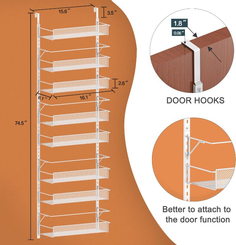 Photo 1 of 


Coonoor 8 Tier Over The Door Pantry Organizer,Adjustable Baskets Closet Organizer Hanging Rack Spice Space Saver,White


