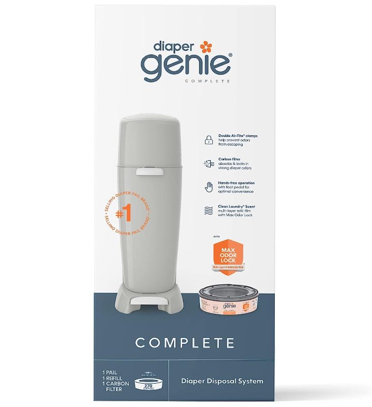 Photo 1 of Diaper Genie Complete Pail with Built-In Odor Controlling Antimicrobial, Includes Pail and 1 Refill, Gray Pail, 2 Piece Set (Pack of 1)
