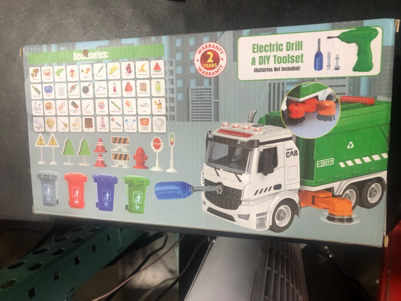 Photo 2 of 71 PCS Take Apart Garbage Truck Playset – 1:12 SCALE Push & Go + Electric Drill, Sounds & Lights, Road Signs Set, 4 TRASH CANS & 40 FLASH CARDS for Learning – Recycling Truck for boys ages 4 5 6 7 8 +