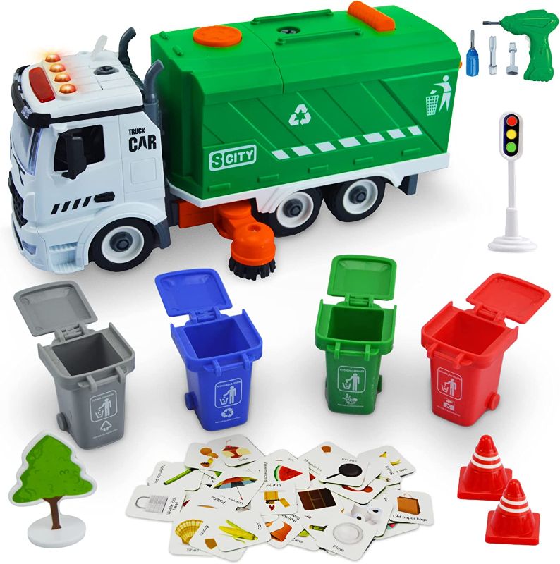 Photo 1 of 71 PCS Take Apart Garbage Truck Playset – 1:12 SCALE Push & Go + Electric Drill, Sounds & Lights, Road Signs Set, 4 TRASH CANS & 40 FLASH CARDS for Learning – Recycling Truck for boys ages 4 5 6 7 8 +