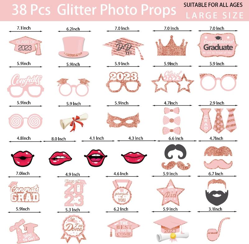 Photo 1 of Pack of 38 Graduation Photo Booth Props 2023, Graduation Photo Props Red and Balck, Graduation Picture Props for College High School, Glitter Graduation Props 2023 for Photoshoot cocomigo