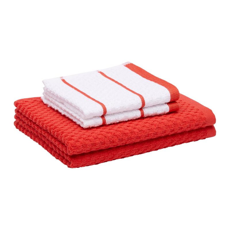 Photo 1 of Amazon Basics 100% Cotton Terry Kitchen Dish Cloth & Towel Set, Popcorn Texture - 4-Pack, Red Stripe Red Stripe 4-Piece Set