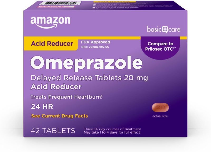 Photo 1 of Amazon Basic Care Omeprazole Delayed Release Tablets 20 mg, Acid Reducer, Treats Frequent Heartburn, 42 Count (Pack of 1)