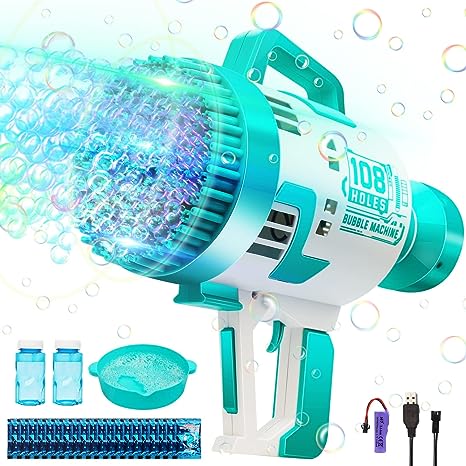 Photo 1 of 108 Holes Bubble Gun,Bubble Machine with Colorful Light,Bubble Maker Kids Toys for Toddlers Boys Girls Adult,Summer Toy Gifts for Birthday Wedding Party Favors Outdoor 