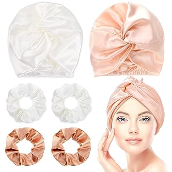 Photo 1 of 6 Pieces Silk Bonnet Silk Hair Wrap for Sleeping and Natural Silk Scrunchy Soft Silk Scrunchies Hair Sleep Silk Sleeping Bonnet for Women Hair Care Silk Ponytail Holder (Pink, White, Rose Gold)