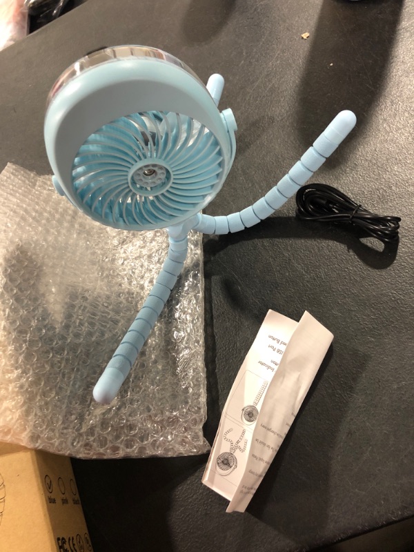 Photo 2 of Misting Stroller Fan, 2500mAh Battery Powered Personal Desk Air Circulator Fan with Flexible Tripod, Ultra Quiet 3 Speed 270° & 360° Rotatable USB Fan for Stroller Office Camping Hurricane Outage,Blue
