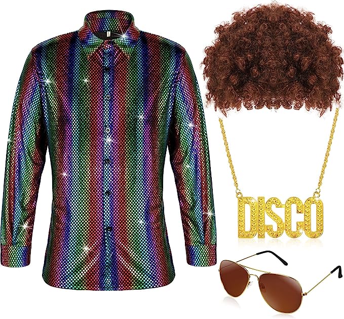 Photo 1 of 2 Pcs Mens 70s Disco Costume Set Disco Shiny Shirts Luxury Sequins Long Sleeve Shirts for 70s Disco Party Halloween Prom 2XL