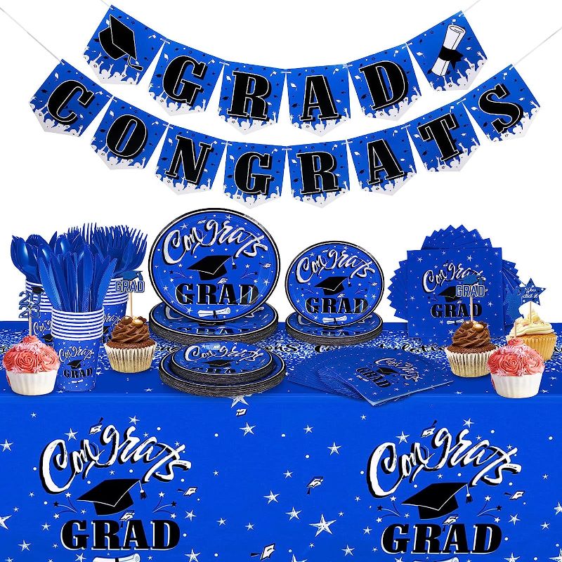 Photo 1 of 211 Pcs Graduation Party Supplies 2023 Serves 24 Graduation Party Decorations Plates Napkins Disposable Tableware Plates Napkins Cups Banner Tablecloth Toothpicks for Congrats Grad Party (Blue)
