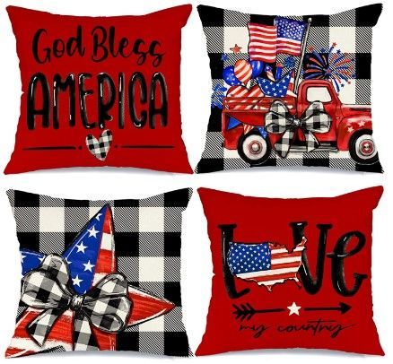 Photo 1 of 4th of July Decorations Pillow Covers 18x18 Set of 4 Buffalo Plaid Stars and Stripes Truck Throw Pillow Covers Patriotic Pillows Independence Memorial Day hello America Home Decor NOT EXACT AS STOCK