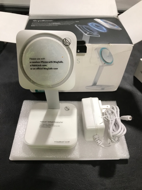 Photo 2 of ESR HaloLock 2-in-1 Wireless Charger with CryoBoost, Compatible with MagSafe Charger Stand, Phone-Cooling Fast Charging Compatible with iPhone 14/13/12, AirPods Pro/3/2, with Adapter, Arctic White