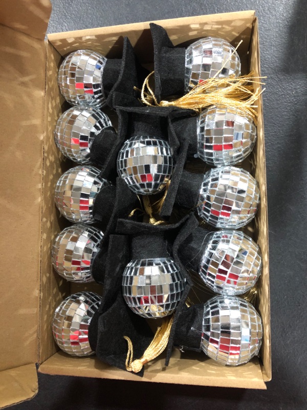 Photo 2 of 12 Pieces Graduation Ornaments Mirror Ball with Mini Graduation Hat Tiny Disco Ball Bright Reflective Mirror 4th of July Graduation Party Supplies, Room, Home, Bar, Hanging Disco Decor