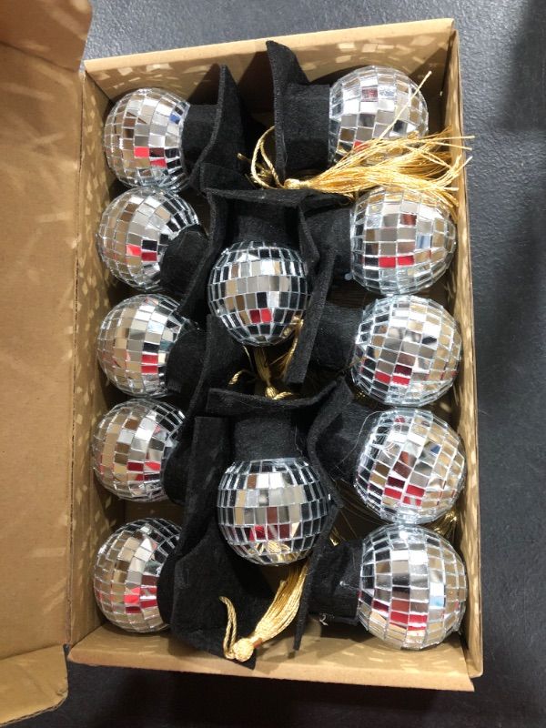 Photo 2 of 12 Pieces Graduation Ornaments Mirror Ball with Mini Graduation Hat Tiny Disco Ball Bright Reflective Mirror 4th of July Graduation Party Supplies, Room, Home, Bar, Hanging Disco Decor