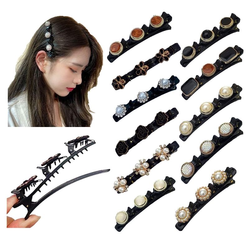 Photo 1 of 24 Pcs Crystal Stone Braided Hair Clips Pearl Satin Fabric Hairpin Flower Rhinestones Hair Clips for Women Duckbill Clip with 3 Small Clips Styling Hair Accessories for Girls Teens, 24 Styles