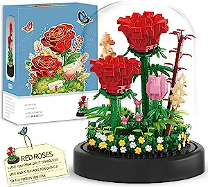 Photo 1 of Bestbase Flower Bouquets Building Toys - 596 PCS Red Rose Building Blocks Kit, Mini Toy Building Sets with Dust Cover Gifts for Mom, Home/Office Desk Decor Birthday Gifts for Women