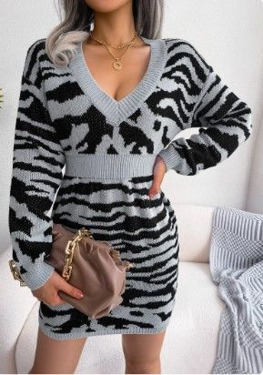 Photo 1 of BLACKTHX Pullover Sweater Dress V Neck Sweater with Lantern Sleeve,Zebra Print Fall Sweaters for Women L
