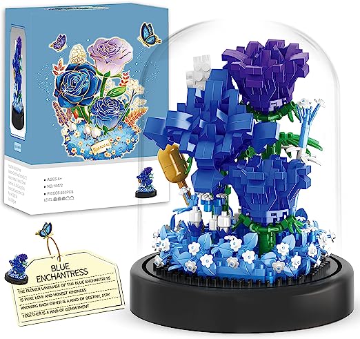 Photo 1 of Bestbase Flower Bouquets Building Toys - 630 PCS Blue Rose Building Blocks Kit, Mini Toy Building Sets with Dust Cover Gifts for Mom, Home/Office Desk Decor Birthday Gifts for Women