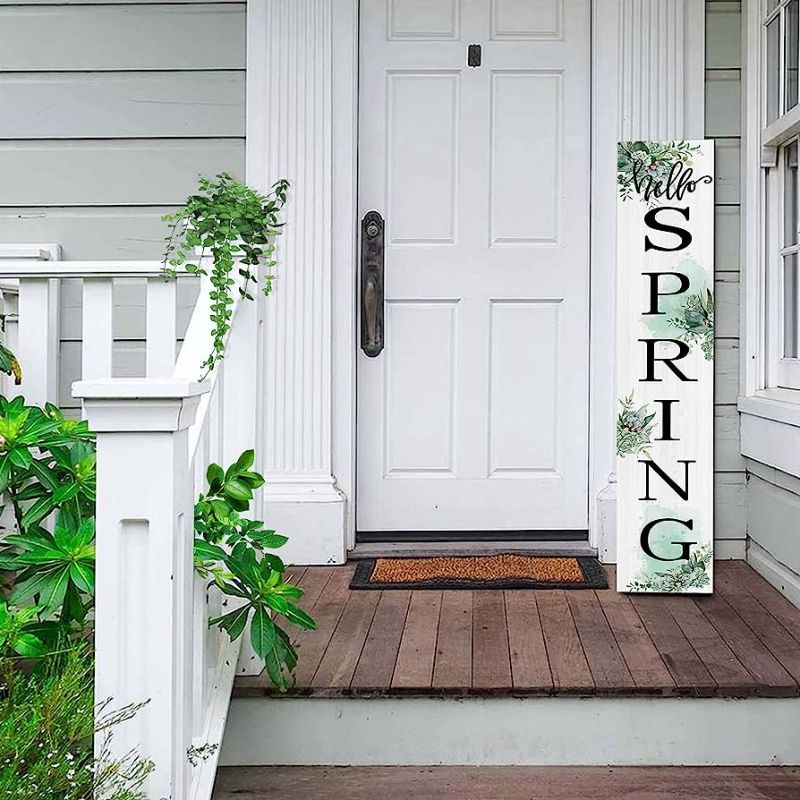 Photo 1 of 47" H Wooden Hello Spring Vertical Porch Welcome Sign, Indoor Outdoor Spring Porch and Yard Decor Hanging Signs Holiday Decorations for Front Door Wall Display