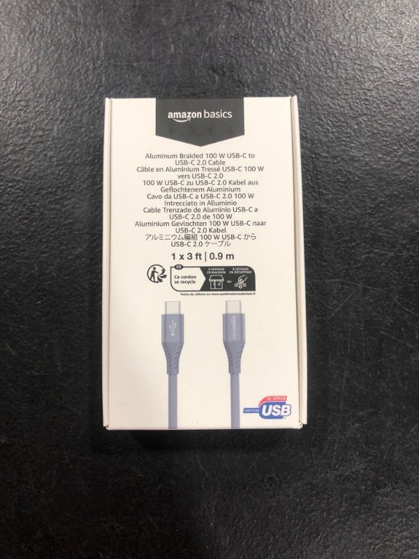 Photo 1 of Amazon Basics Aluminum Braided 100W USB-C to USB-C 2.0 Cable with Power Delivery - 3-Foot, Gray 3-Foot USB2.0 Type C to Type C