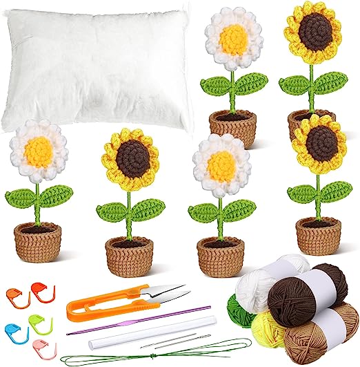Photo 1 of 22 Pieces Beginners Crochet Starter Kit 5 Pcs Sunflower Daisy Flower Potted Plants Complete Crochet Starter Kit Include Enough Yarn, Knitting DIY Accessories with Instructions for Adults Kids