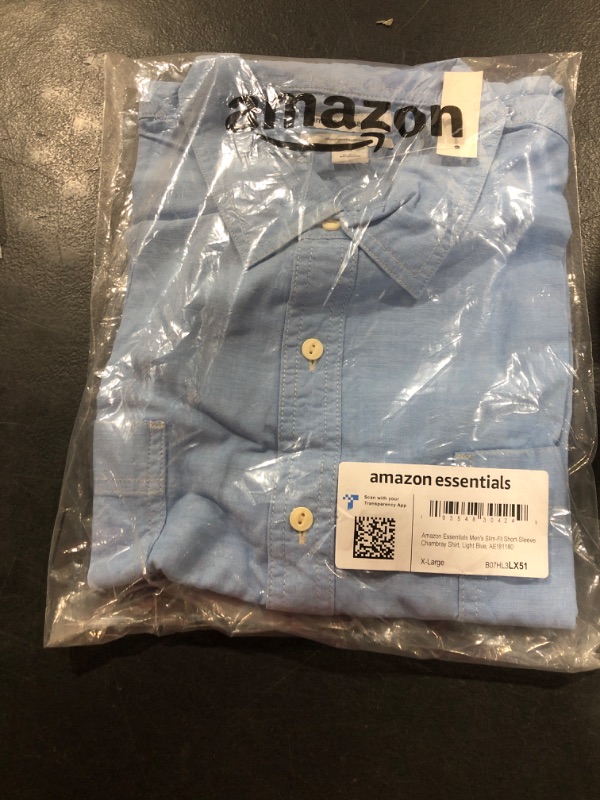 Photo 2 of Amazon Essentials Men's Slim-Fit Short-Sleeve Chambray Shirt X-Large Light Blue