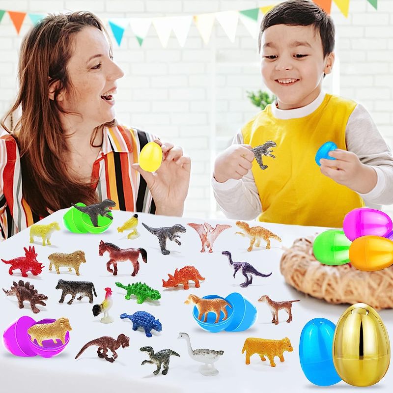 Photo 1 of A Golden Egg 48 Pcs Filled Easter Eggs Dinosaurs Animal 24 Pcs Eggs + 24 Pcs Figures Toys Easter Basket Stuffers for Boys Dinosaur Egg Easter Gifts Kids Surprise Plastic Egg Hunt Easter Party Favor