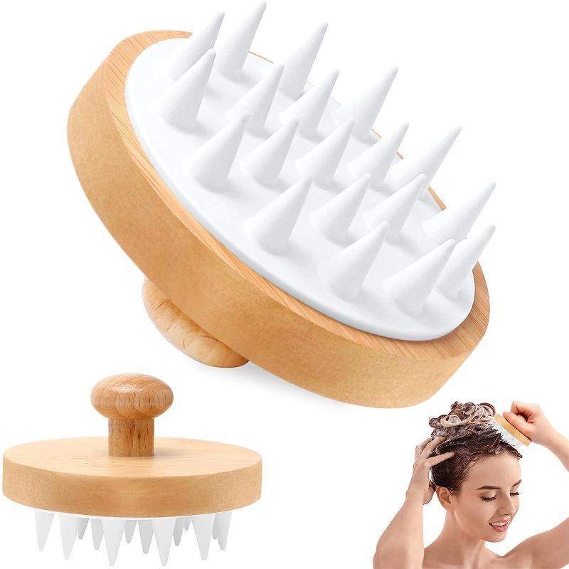 Photo 1 of 2 Scalp Massager Hair Brush,Scalp Scrubber Shampoo Brush with Soft Silicone Bristles,Bamboo Scalp Massager Hair Growth for Dandruff Removal,Wet Dry Hair Massager Scalp Brush for Men Women Kids Pet,Round