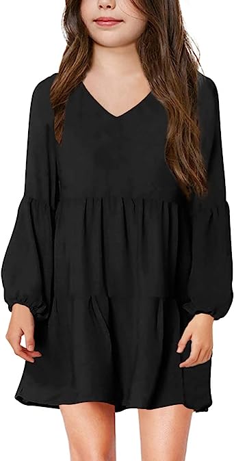 Photo 1 of Batermoon Girls' Long Sleeve Dress V Neck Casual Loose Ruffle Swing Tunic Shirt Dresses 13-14 Years Black