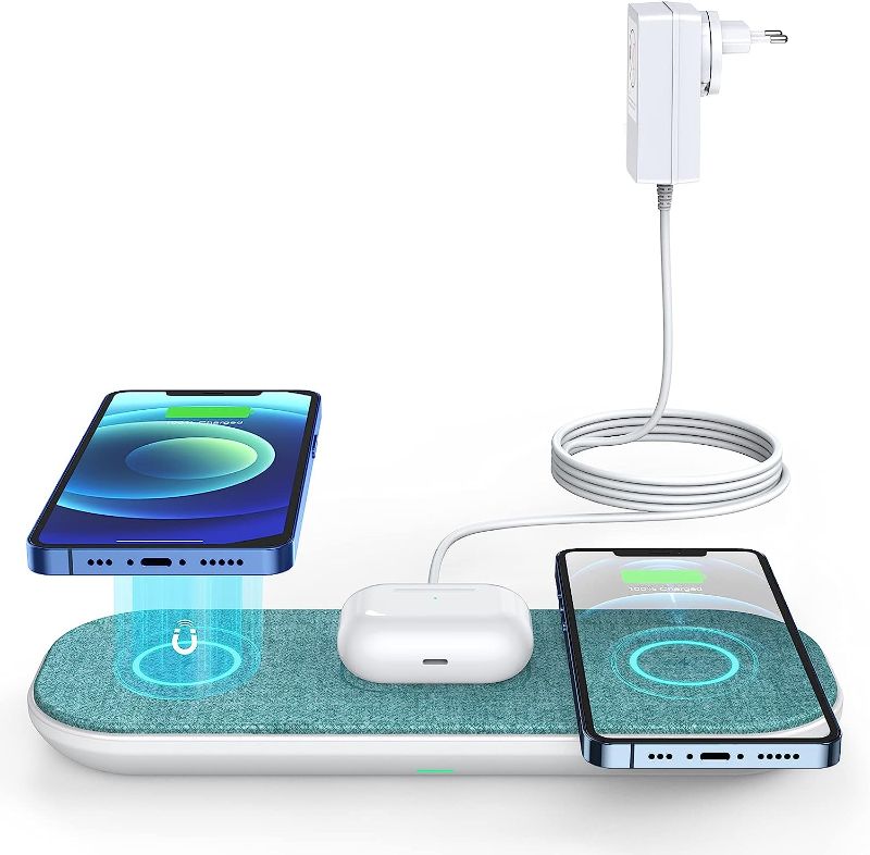 Photo 1 of 30 W 3-in-1 Wireless Charger, Smartphone and Wireless Earphones Inductive Charging Station, Qi-Certified Slim Fast Wireless Charging Pad for All Qi-Enabled Smartphones, with 48 W Adapter (Green)
