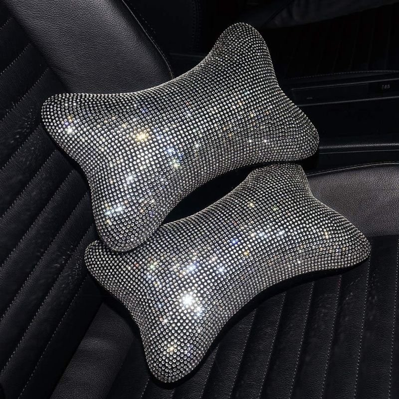 Photo 1 of 2 Pack Car Neck Pillow for Driving Seat Auto Headrest Cushion Head Rest Neck Support Relax Crystal Rhinestone Diamond Interior Bling Accessories for Women Girly Comfortable White