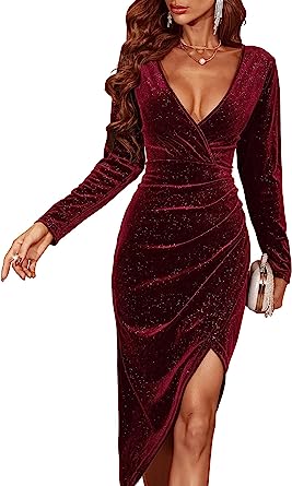 Photo 1 of Dokuritu Wrap Dresses for Women Wedding Guest V Neck Long Sleeve Velvet Bodycon Asymmetric Split Glitter Midi Dress Size L