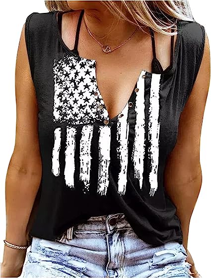 Photo 1 of American Flag Star Striped Shirts Ring Hole Sleeveless V Neck Tank Tops Women 4th of July Patriotic Graphic Summer Tanks Size L