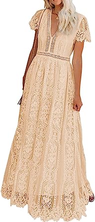 Photo 1 of BLENCOT Womens Casual Boho Floral Lace V Neck Long Evening Dress Cocktail Party Maxi Wedding Dresses Size L