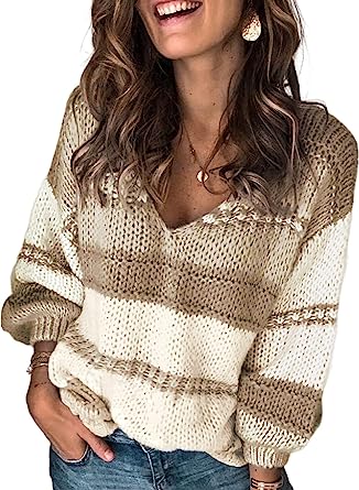 Photo 1 of Asvivid Women's Spring Long Sleeve V Neck Color Block Striped Pullover Sweater Tops Size S