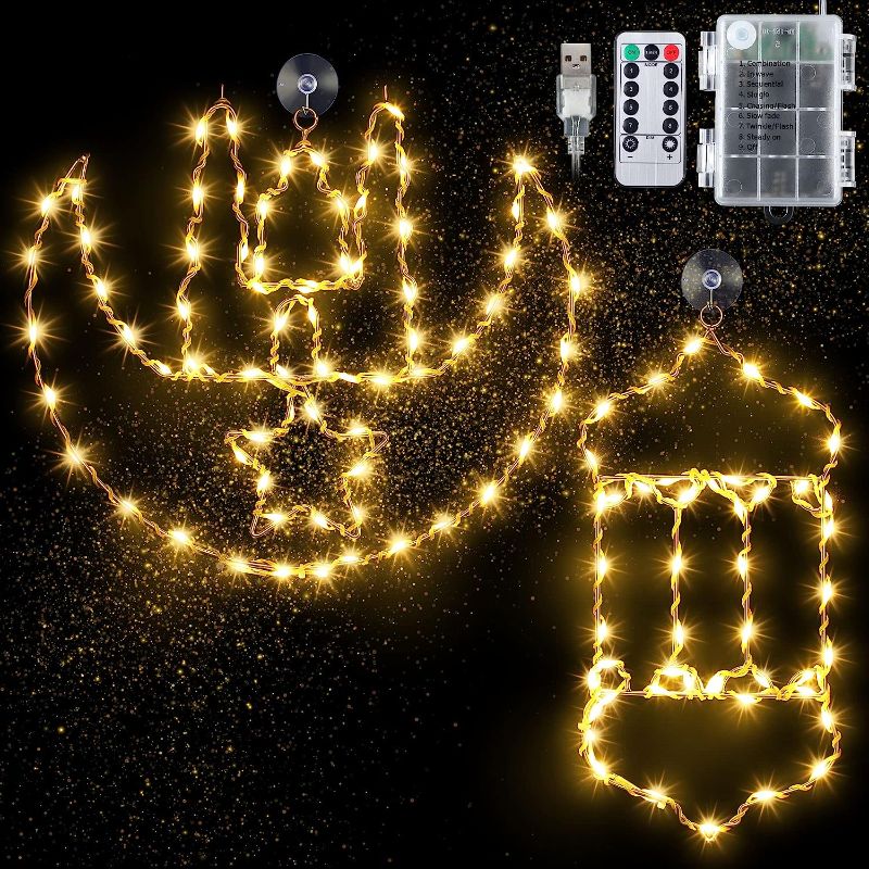 Photo 1 of 2 Pcs Ramadan Mubarak Decorations Window Light, 8 Modes Warm White Eid Mubarak Silhouette Light Powered by Battery and USB, Islamic Muslim Decor for Window Door Wall (Star Moon and Hanging Lantern) 