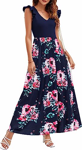 Photo 1 of FMEYOA Women's Summer Boho Sleeveless Floral Print Madi Dresses V Neck Casual Long Dresses Size M