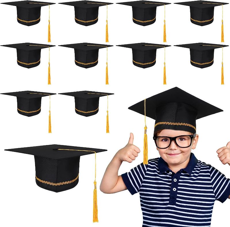 Photo 1 of 12 Pcs Unisex Child Size Graduation Cap with Gold Tassel Black Graduation Hat Adjustable Elastic Band Grad Cap for Preschool Kindergarten Kids Student Graduation Ceremony Gifts 