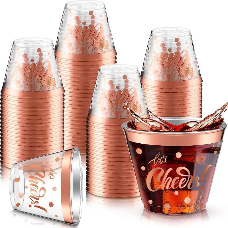 Photo 1 of 100 Pieces Cheers Plastic Cups 9 oz Clear Bachelorette Party Cups Clear Plastic Cocktail Tumbler with Gold Foil Plastic Cups for Wedding Bachelorette Party, New Years Eve, Birthday (Rose Gold Foil) 