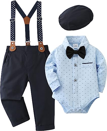 Photo 1 of DISAUR Baby Boy Clothes Suits, Gentleman Outfit Dress Romper + Beret Hat + Suspender Pants + Bow Tie Wedding Set12-18MONTHS 