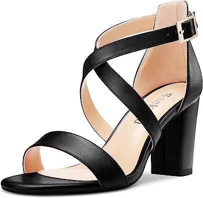 Photo 1 of  Women Chunky Block High Heel Peep Open Toe Sandals Cross-Strap Casual Basic Classic 3.2 Inches Heels---8.5