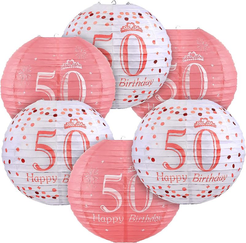 Photo 1 of 6 Pieces Birthday Decorations Happy Birthday Hanging Paper Lanterns Rose Gold Glittery Anniversary Party Birthday Sign Decorations for Men Women Birthday Party Supplies (50th Style)
