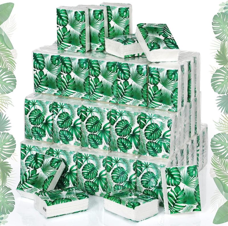 Photo 1 of 100 Pcs Facial Tissues Palm Leaf Pocket Tissues Bulk Tropical Individual Tissues Portable Travel Tissues Tissue Packs for Wedding Graduation Baby Shower Summer Celebration Party, 3 Ply 10 Sheets Each