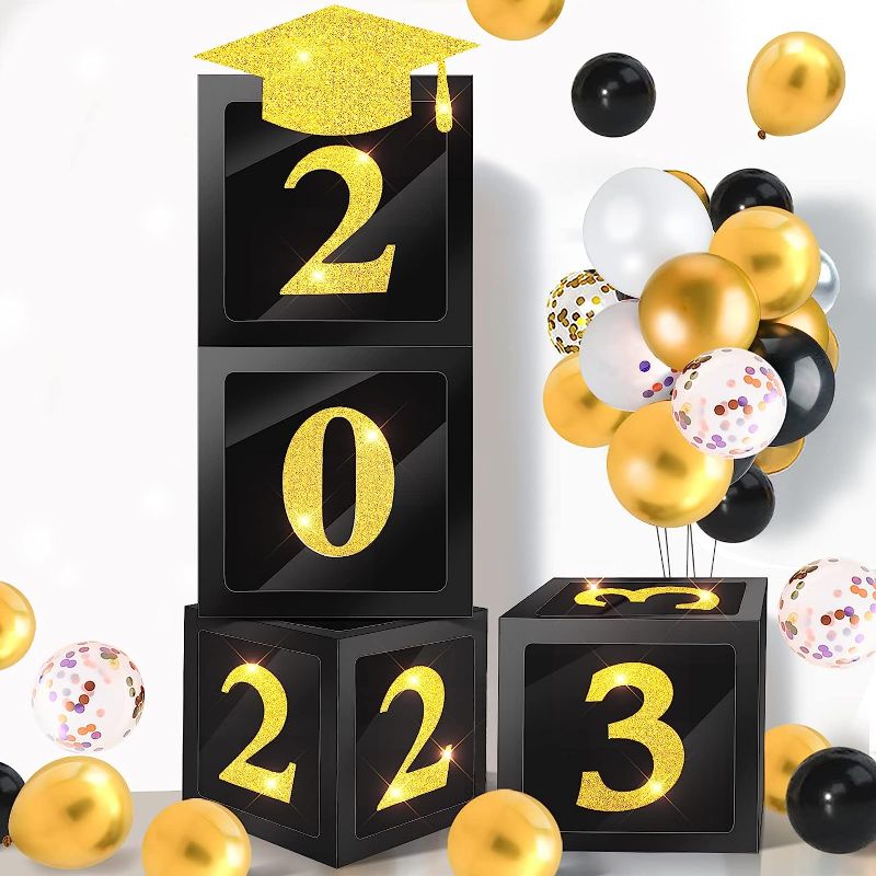 Photo 1 of 4 Pcs Graduation Decorations Class Grad Boxes with Letters 2023 Balloon Measurement Box Black and Gold Graduation Decorations 2023 for Class of 2023 Congrats Grad Elegant Party Decorations 