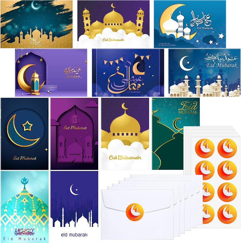 Photo 1 of 240 Set Eid Mubarak Cards with Envelopes Stickers Eid Mubarak Ramadan Holiday Gift Card Set Holder with 240 Envelopes and 240 Cute Stickers 