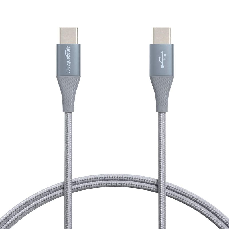Photo 1 of Amazon Basics Aluminum Braided 100W USB-C to USB-C 2.0 Cable with Power Delivery - 3-Foot, Gray 3-Foot USB2.0 Type C to Type C
