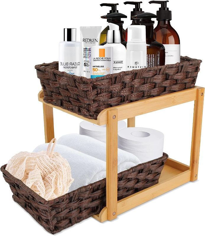 Photo 1 of 2-Tier Under the Sink Organizer Wicker Baskets, Under Bathroom/Kitchen Sink Organizers and Storage, 2 Slide-Out Storage Baskets and Bamboo Tray for Bathroom Kitchen Pantry Medicine Cabinet Counter
