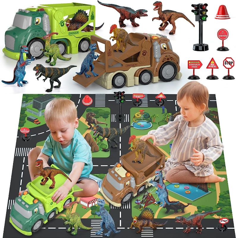 Photo 1 of Bennol Dinosaur Toys for Kids 1 2 3 4 5 Year Old Boys, 2 PCS Dinosaur Trucks with 8 Dinosaur Toys,Dinosaur Activity Playmat,Dino Cars Sets with Light Sound, Toys for 2 3 4 5 Toddlers Boys Gifts
