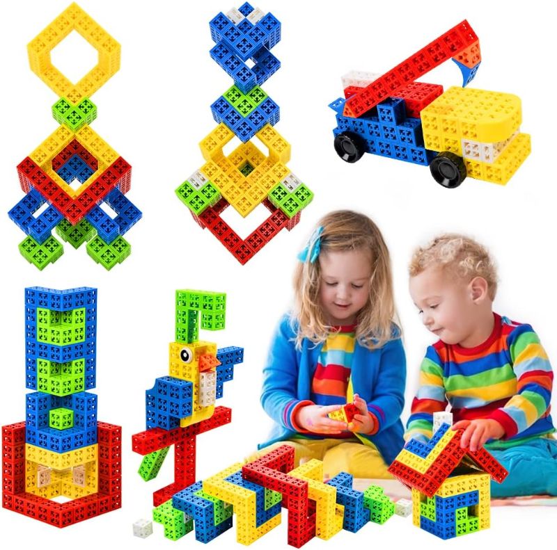 Photo 1 of Building Stacking Block Toy, Stack Building Blocks Sensory Toy for Kids STEM Educational Sets Learning & Development Toys Cubes, DIY Build Variations with Funny Puzzle Bricks for Age 3 and Up, 150pcs 