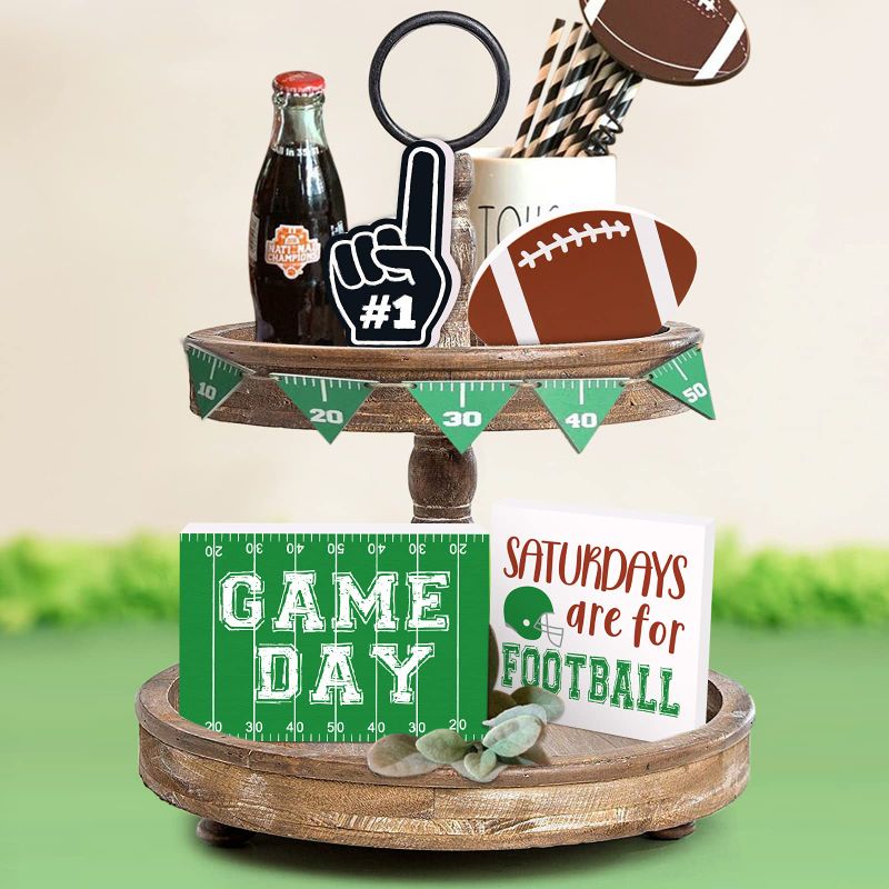 Photo 1 of Zingoetrie Football Decorations Farmhouse Football Tiered Tray Decor Rugby Party Supplies Game Day Wooden Signs for Football Fans Club Bars Home Decor Football Season Gifting Set of 4