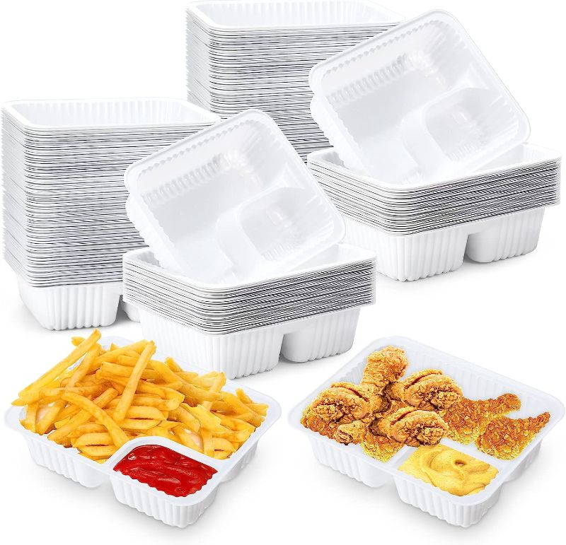 Photo 1 of 500 Pcs 6 x 5 Inches Nacho Trays Disposable 2 Compartment Food Tray Movie Night Snack Trays Plastic Chip and Dip Holder for Kids, Movie Theater, Festivals, Concession Stand Supplies, 12 oz (White)